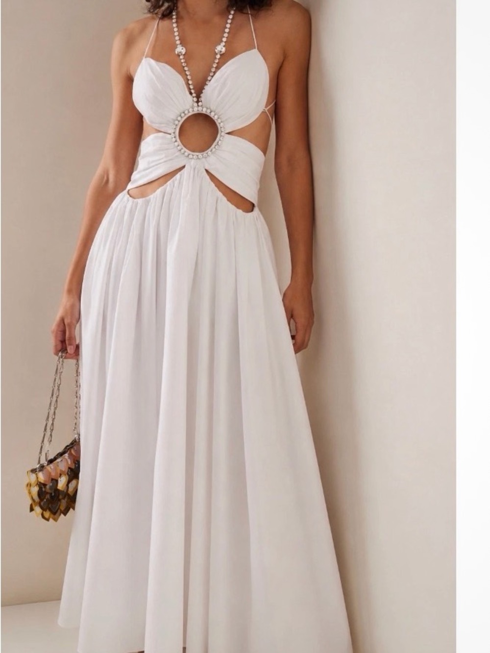 AREA White Cutout Maxi Dress with Decorative Ring